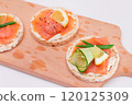 Rice Cake Sandwiches with Fresh Salmon, Cucumber, Lemon and Greens 120125309