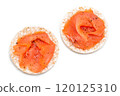 Rice Cake Sandwiches with Fresh Salmon Slices Isolated on White 120125310