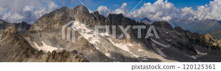Expansive Panoramic View of Mountain Range Under Cloudy Sky.. 120125361