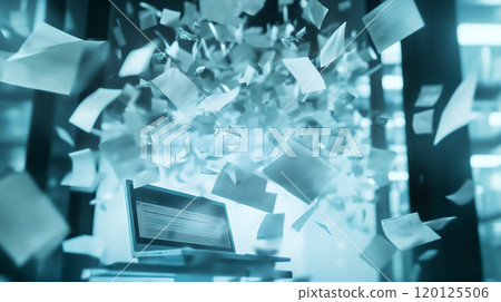 A large amount of discarded documents flying around the room and a paperless laptop 120125506