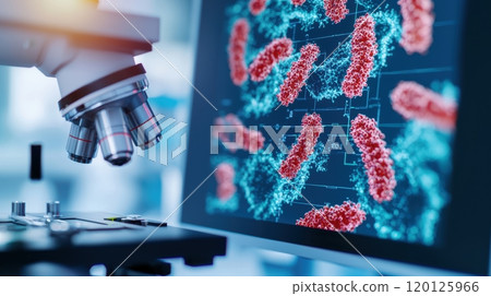 Microscope observing bacteria, colorful digital display Microscope observing bacteria, colorful digital display 120125966