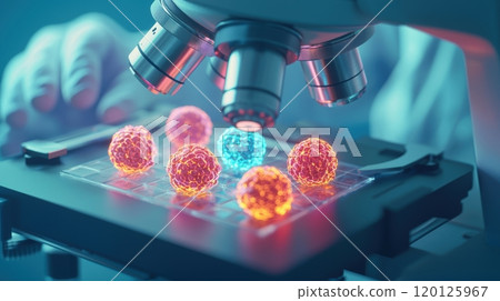 Microscope observing vibrant glowing cells, scientific research. Microscope observing vibrant glowing cells, scientific research. 120125967