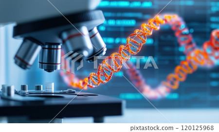 Microscope with DNA strand representation, abstract background Microscope with DNA strand representation, abstract background 120125968