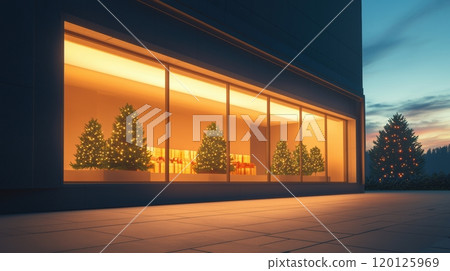 Modern building exterior with illuminated festive decorations. Modern building exterior with illuminated festive decorations. 120125969
