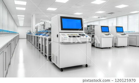 Modern laboratory with advanced equipment and clean workspace. 120125970