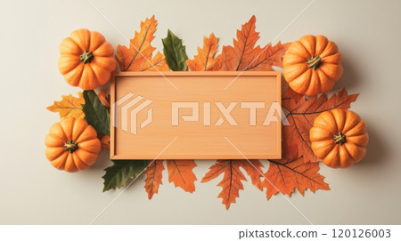 Pumpkins and autumn leaves on a neutral background. 120126003