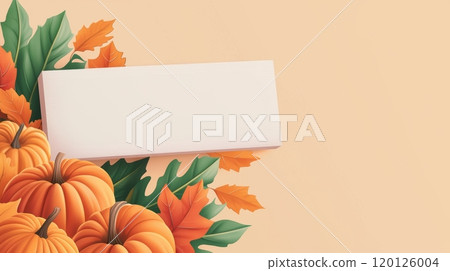Pumpkins and autumn leaves with blank space for text. 120126004
