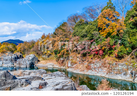 埼玉長瀞溪谷:紅葉染紅的岩石路面與荒川溪流 埼玉長瀞溪谷:紅葉染紅的岩石路面與荒川溪流 120126194