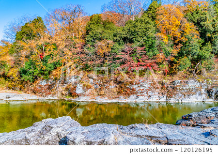 埼玉長瀞溪谷:紅葉染紅的岩石路面與荒川溪流 埼玉長瀞溪谷:紅葉染紅的岩石路面與荒川溪流 120126195
