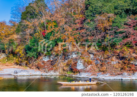 埼玉長瀞溪谷：紅葉染紅的岩石路面與荒川溪流 120126198