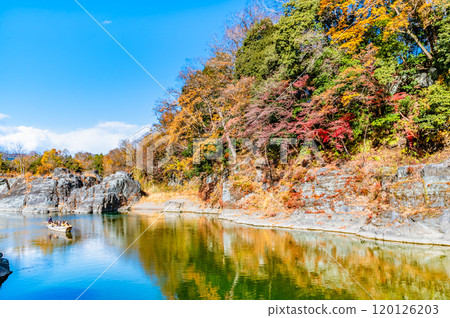 埼玉長瀞溪谷：紅葉染紅的岩石路面與荒川溪流 120126203