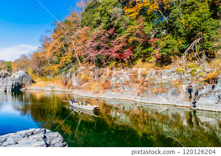 埼玉長瀞溪谷：紅葉染紅的岩石路面與荒川溪流 120126204