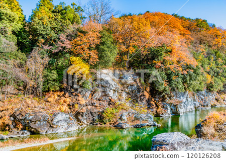 Nagatoro Valley, Saitama: Fall foliage-tinted rock formations and the Arakawa River Nagatoro Valley, Saitama: Fall foliage-tinted rock formations and the Arakawa River 120126208