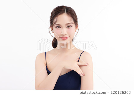 Beautiful young asian woman with clean fresh skin on white background, Face care, Facial treatment, Cosmetology, beauty and spa, Asian women portrait. Beautiful young asian woman with clean fresh skin on white background, Face care, Facial treatment, Cosmetology, beauty and spa, Asian women portrait. 120126263