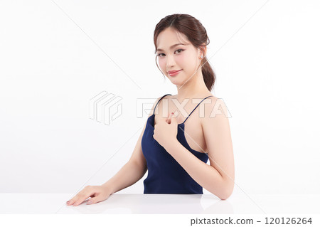 Beautiful young asian woman with clean fresh skin on white background, Face care, Facial treatment, Cosmetology, beauty and spa, Asian women portrait. Beautiful young asian woman with clean fresh skin on white background, Face care, Facial treatment, Cosmetology, beauty and spa, Asian women portrait. 120126264