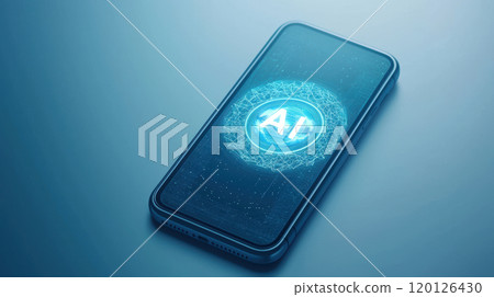 Smartphone displaying a AI digital interface on a blue gradient background. Smartphone displaying a AI digital interface on a blue gradient background. 120126430