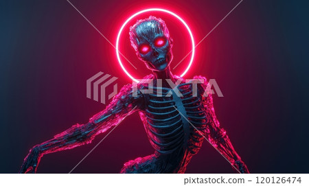 Stylized skeleton figure with neon accents and glowing halo. Stylized skeleton figure with neon accents and glowing halo. 120126474