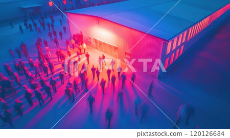 Crowd of people exiting a building at night with neon lighting. Crowd of people exiting a building at night with neon lighting. 120126684