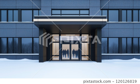 Modern building entrance with snow-covered ground. Modern building entrance with snow-covered ground. 120126819