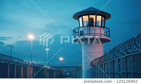 Prison guard tower and fence under a night sky. 120126902