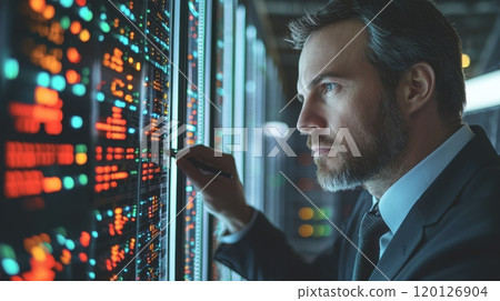 Professional man working with data center server equipment. Professional man working with data center server equipment. 120126904
