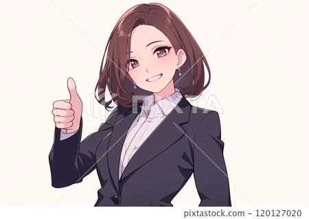 Illustration of a woman in a suit smiling and making a thumbs up gesture (AI-generated image) 120127020