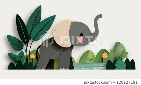 A cute, stylized elephant stands amid vibrant foliage and a serene pond A cute, stylized elephant stands amid vibrant foliage and a serene pond 120127181