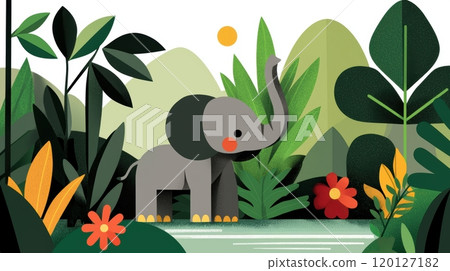 A cartoon elephant stands amidst lush greenery and vibrant flowers 120127182