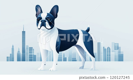 A stylized illustration of a French Bulldog standing against a minimalist city skyline 120127245