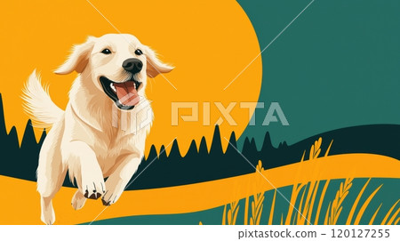 A joyful golden retriever leaps against a vibrant sunset, surrounded by stylized trees and grass 120127255