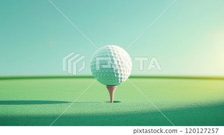 A pristine golf ball teeters on a tee, set against a soft green landscape under a clear sky 120127257