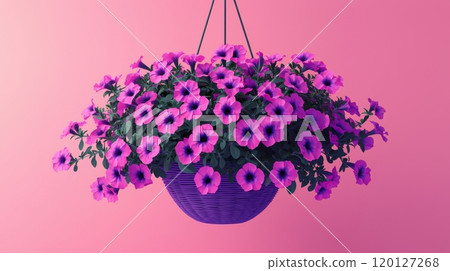 A vibrant hanging basket filled with purple petunia flowers against a soft pink background 120127268