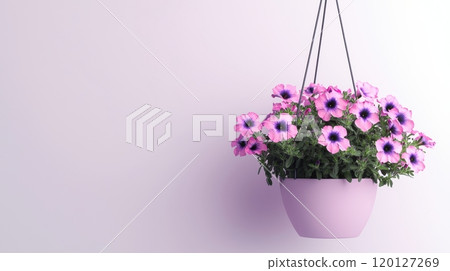 A vibrant hanging planter adorned with blooming pink flowers 120127269