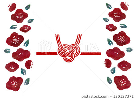 A girly and festive decorative illustration of Awaji-knotted Mizuhiki and camellia flowers 120127371