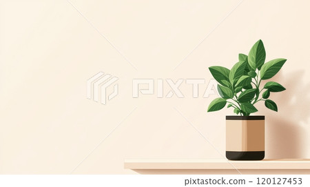 A simple potted plant on a wooden shelf against a light-colored wall 120127453