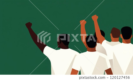 A group of individuals raises their fists in solidarity 120127456