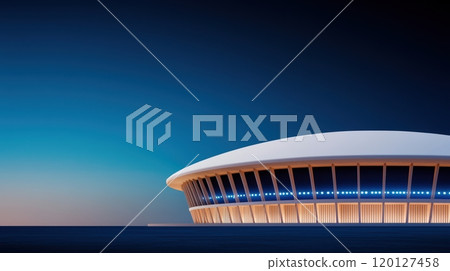 A modern stadium against a twilight sky 120127458