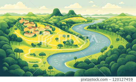 A serene landscape featuring a winding river, lush greenery, and a quaint village nestled among hills under a bright sky. 120127459