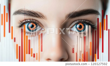 A digitally enhanced image of a woman's face featuring striking orange and blue eyes 120127502