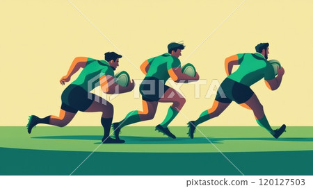 Three rugby players running in sync, teamwork 120127503