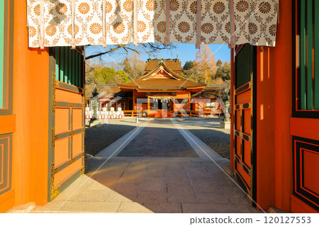 Mount Fuji, View of the worship hall from the tower gate of Fujisan Hongu Sengen Taisha Shrine, Fujinomiya City Mount Fuji, View of the worship hall from the tower gate of Fujisan Hongu Sengen Taisha Shrine, Fujinomiya City 120127553