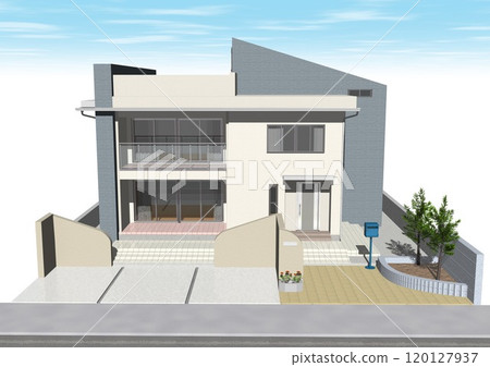 House, house, detached house, residence, new construction, model house (3DCG image) with sky and road 120127937