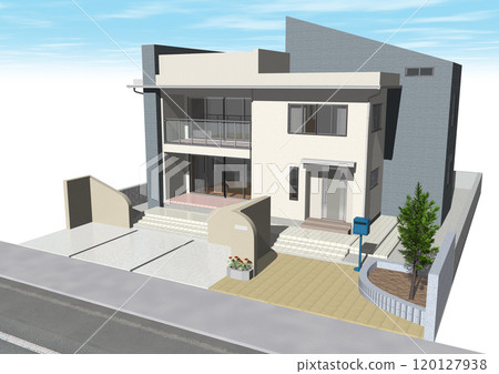 House, house, detached house, residence, new construction, model house (3DCG image) with sky and road 120127938