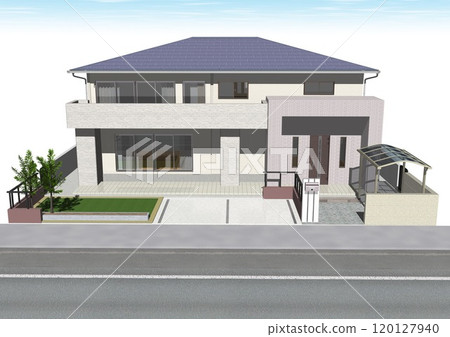 House, house, detached house, residence, new construction, model house (3DCG image) with sky and road 120127940