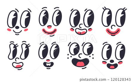 Comic caricature faces. Funny retro mascots, comic book characters with mouths and eyes flat vector illustration set. Cartoon cheerful faces Comic caricature faces. Funny retro mascots, comic book characters with mouths and eyes flat vector illustration set. Cartoon cheerful faces 120128343