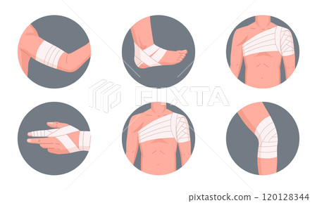 First aid infographic. Cartoon body parts injury medical treatment, wrist, knee and elbow first aid methods flat vector illustration set. Healing bandages poster First aid infographic. Cartoon body parts injury medical treatment, wrist, knee and elbow first aid methods flat vector illustration set. Healing bandages poster 120128344