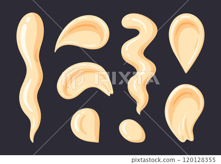 Mayonnaise smears. Mayo sauce dip, mayonnaise sauce splashes, junk food dressing sauce flat vector illustration set. Cartoon mayonnaise stains 120128355