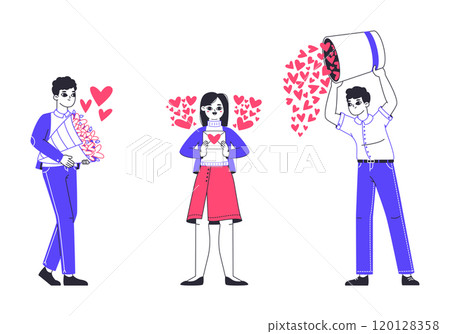 Romantic people. Cheerful characters with hearts, Valentines day love sharing, romantic people giving hearts to beloved ones flat vector illustration set. People in love on white Romantic people. Cheerful characters with hearts, Valentines day love sharing, romantic people giving hearts to beloved ones flat vector illustration set. People in love on white 120128358