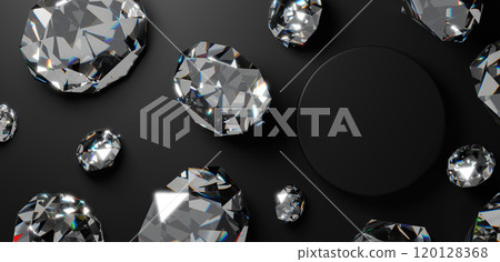 黑色背景上的底座和多個鑽石。俯視圖。複製空間。 3D(水平) 黑色背景上的底座和多個鑽石。俯視圖。複製空間。 3D(水平) 120128368