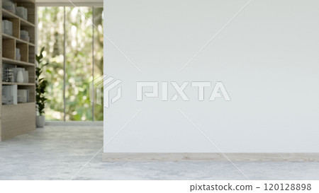 Interior design of a modern minimalist indoor corridor features an empty white wall through a room. 120128898